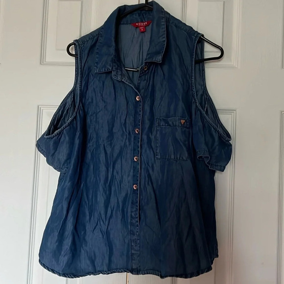 Guess cut out cold shoulder sleeves denim  top Sz XL - Picture 1 of 12